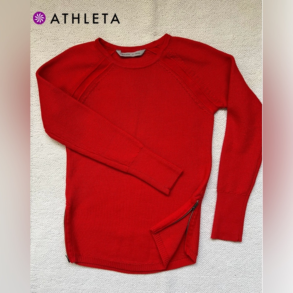 ATHLETA Varsity Side Zip Crewneck Knit Top Pullover Sweater Color: Red Size:XS
